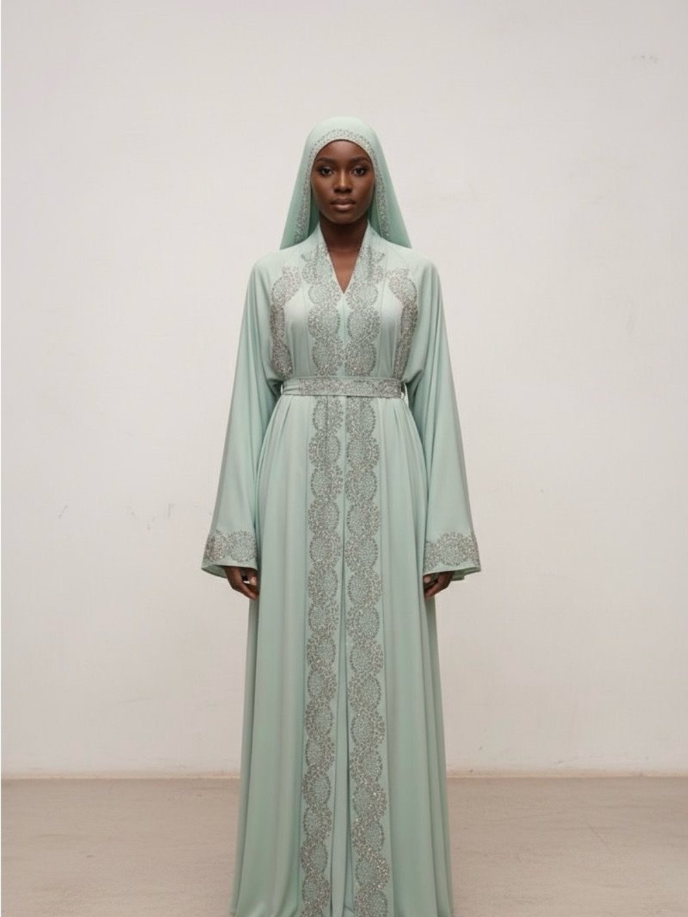 Elegant Mint Long-Sleeve Abaya Dress with Embroidered Trim